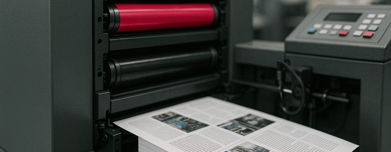 Impresora de gran formato para impresión de folletos y papelería corporativa.